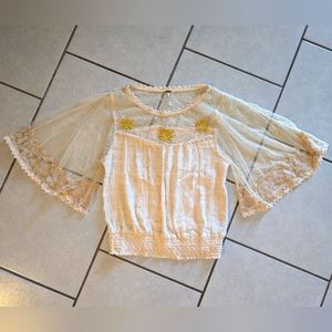 Free People Creamy Beige Hippie Top Sheer Lace wide Sleeves Size XS